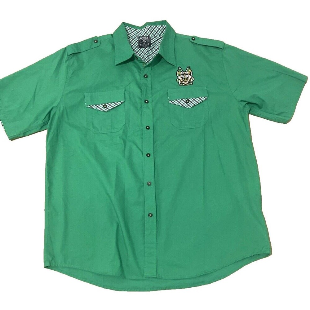 Avirex Green Military Style Button Short Sleeve Embroidered Patch Shirt Sz XL